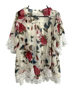 Floral Kimono Cardigan XL Lace Trim Lightweight Sheer Cover Up Boho Cottagecore